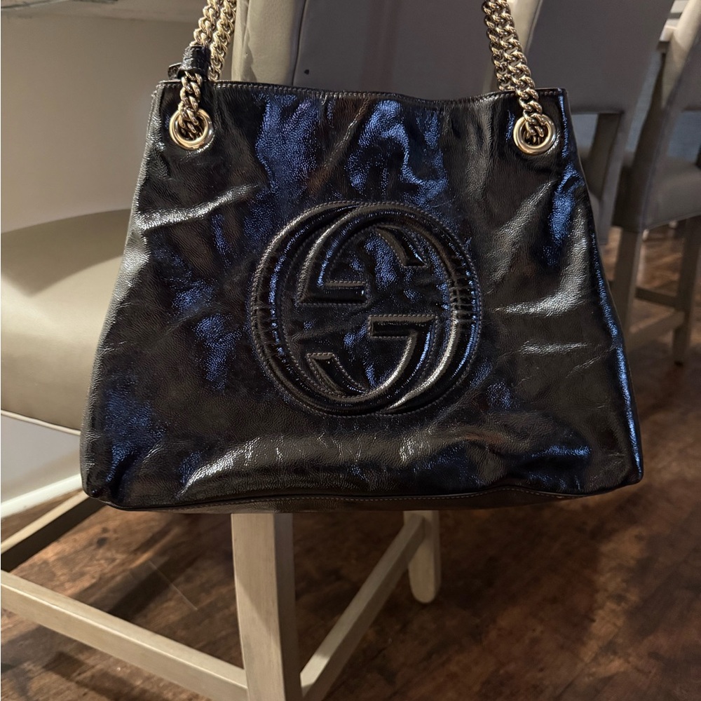 Authentic Gucci Black Leather Soho Chain Tote